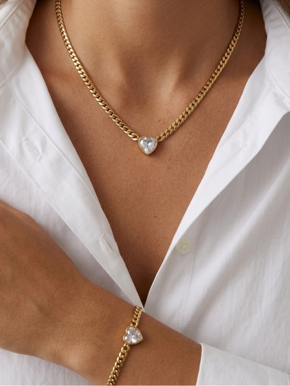 18K Gold Plated Heart Pendant Necklace set Bracelet stainless steel jewelry